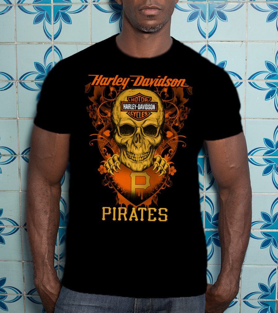 Harley Davidson Motor Cycles Skull Pittsburgh Pirates T-Shirt