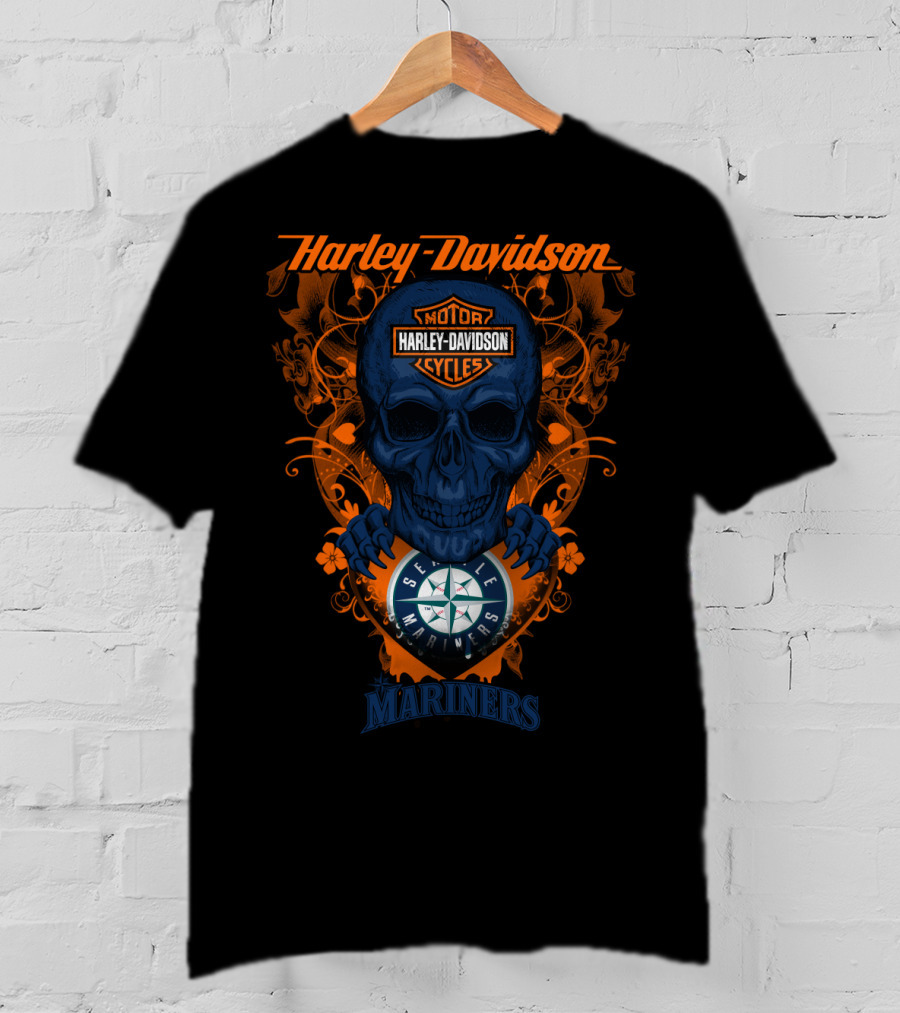 Harley Davidson Motor Cycles Seattle Mariners Skull T-Shirt