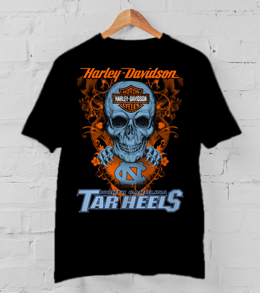 Harley Davidson Skull With North Carolina Tar Heels T-Shirt