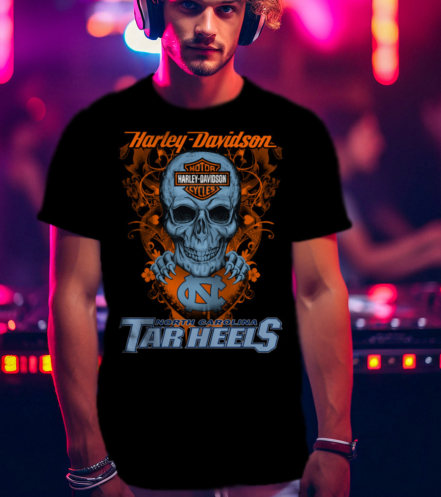 Harley Davidson Skull With North Carolina Tar Heels T-Shirt