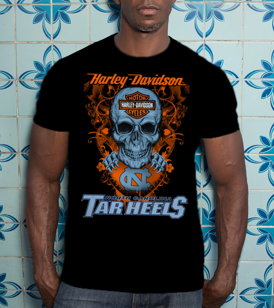 Harley Davidson Skull With North Carolina Tar Heels T-Shirt
