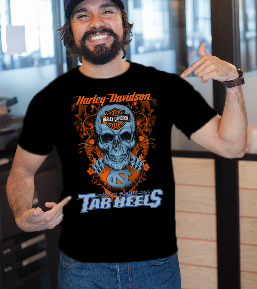 Harley Davidson Skull With North Carolina Tar Heels T-Shirt