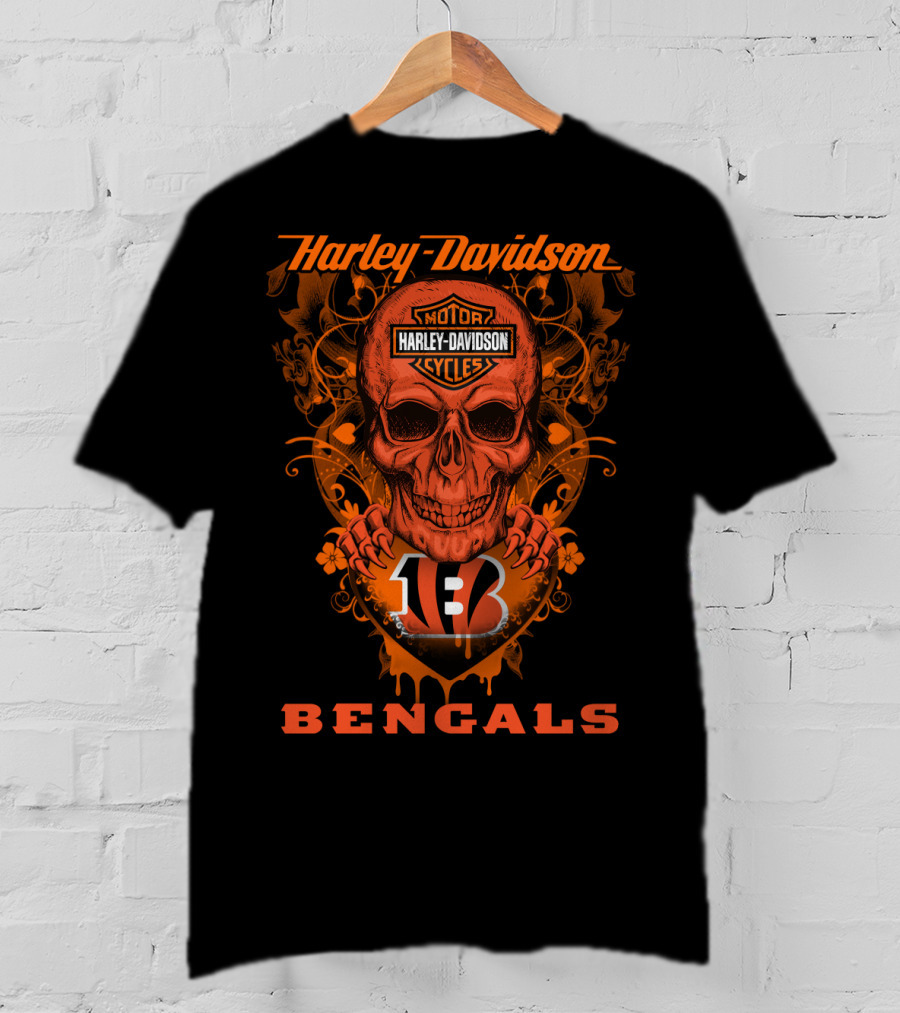 Harley Davidson Motor Cycles Skull Cincinnati Bengals T-Shirt