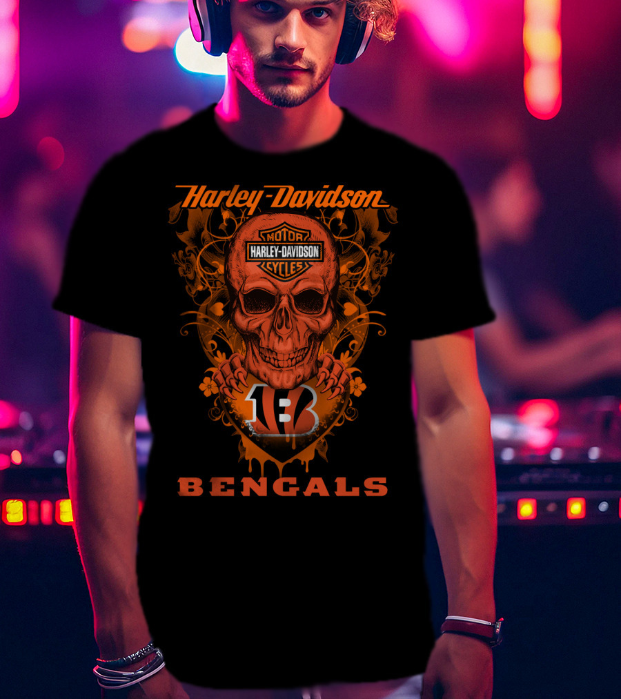 Harley Davidson Motor Cycles Skull Cincinnati Bengals T-Shirt