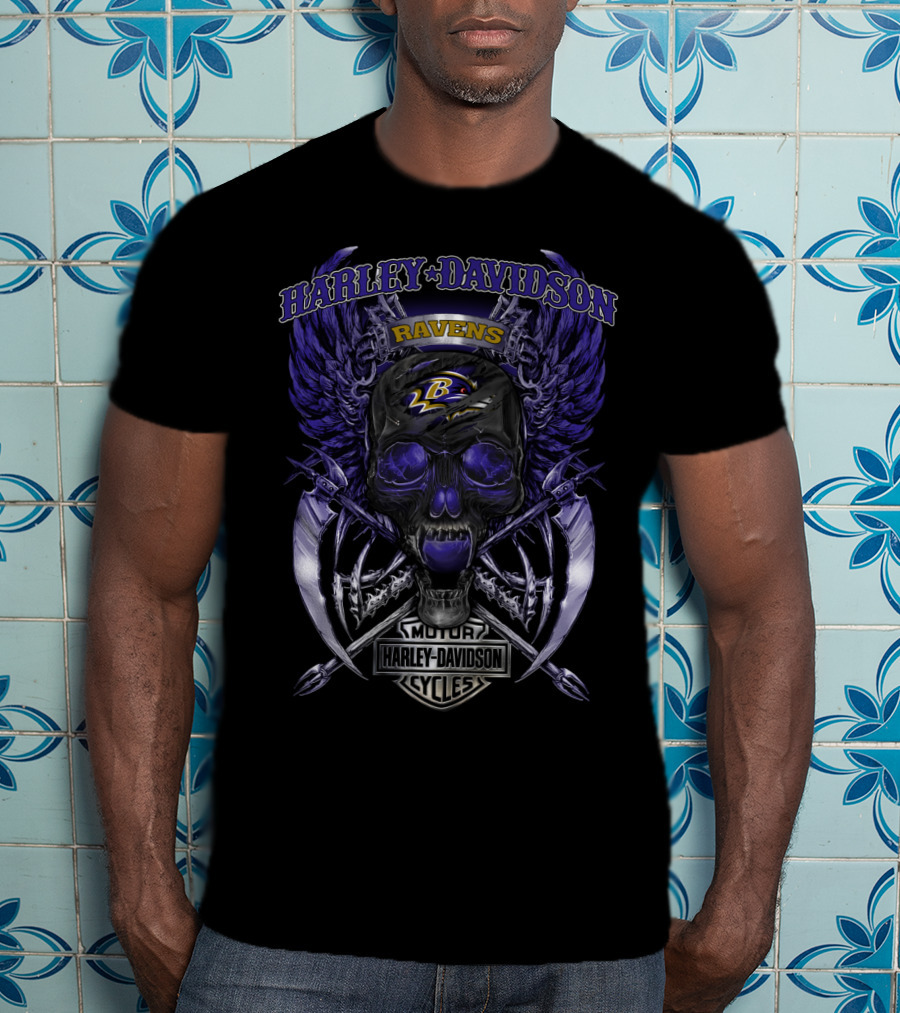 Harley Davidson Ravens Baltimore Skull Wings Motorcycle Cycles T-Shirt