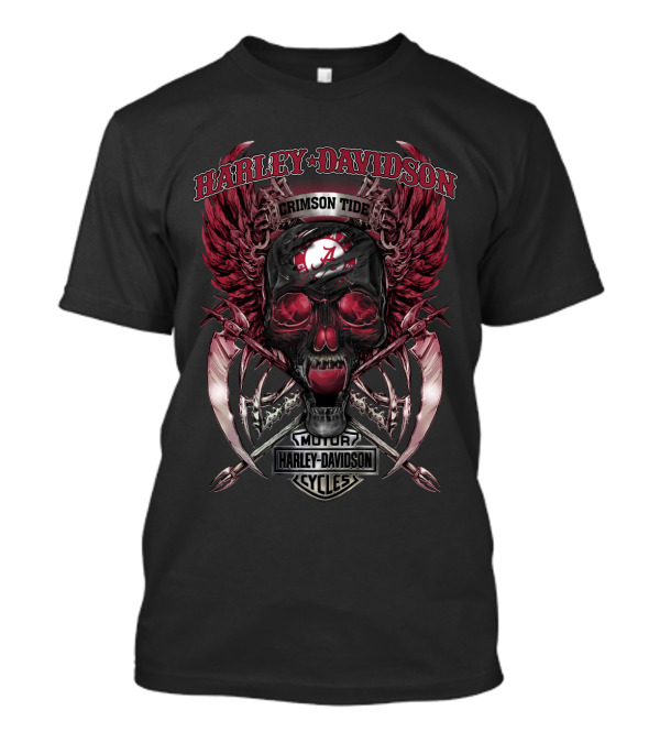 Harley Davidson Crimson Tide Alabama Motor Cycles Skull Winged T-Shirt