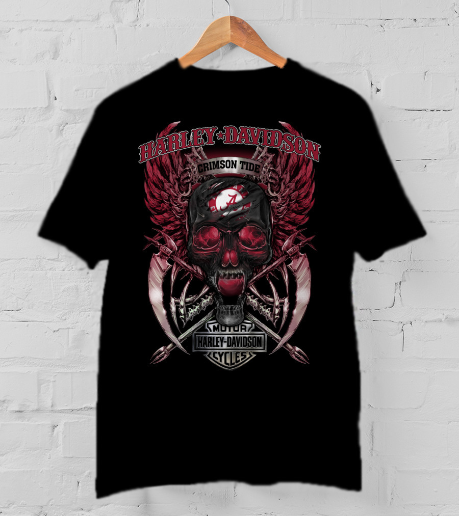 Harley Davidson Crimson Tide Alabama Motor Cycles Skull Winged T-Shirt