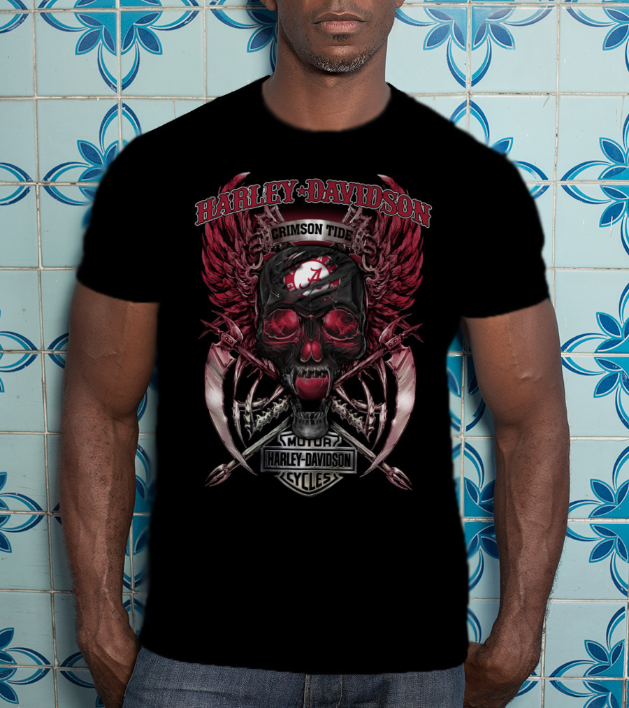 Harley Davidson Crimson Tide Alabama Motor Cycles Skull Winged T-Shirt