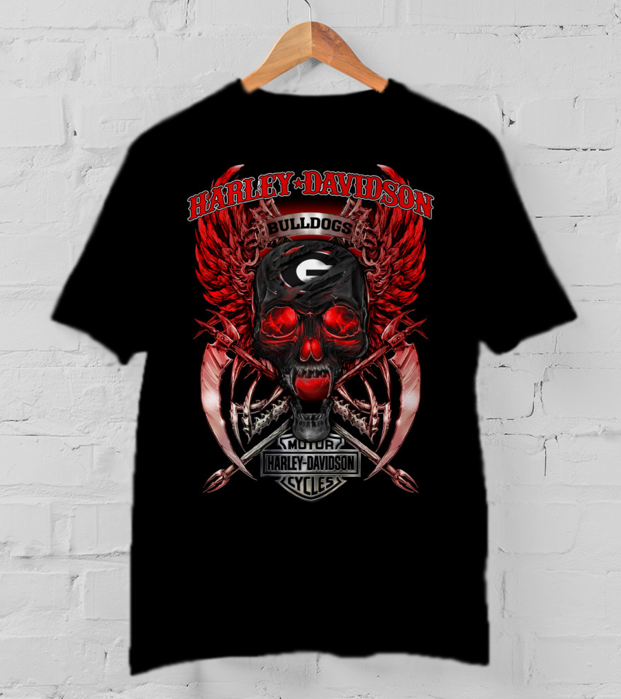 Harley Davidson Georgia Bulldogs Skull Wings Motor Cycles T-Shirt