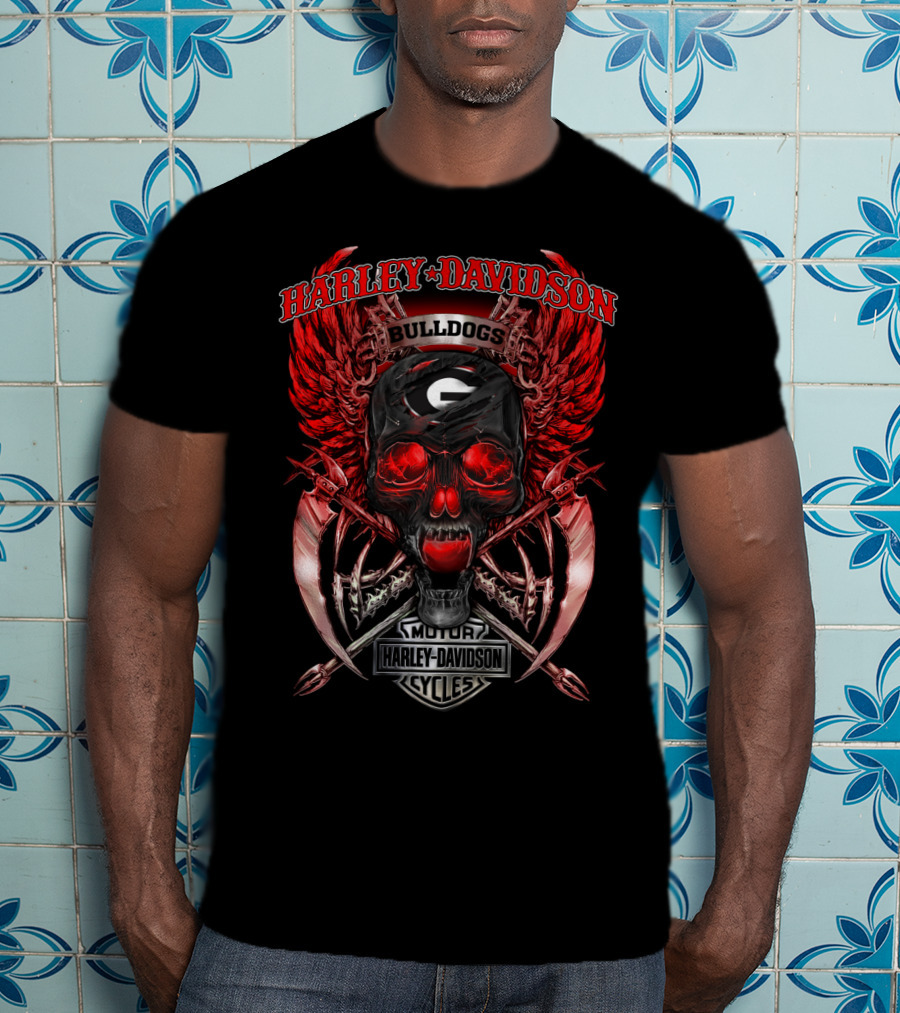 Harley Davidson Georgia Bulldogs Skull Wings Motor Cycles T-Shirt