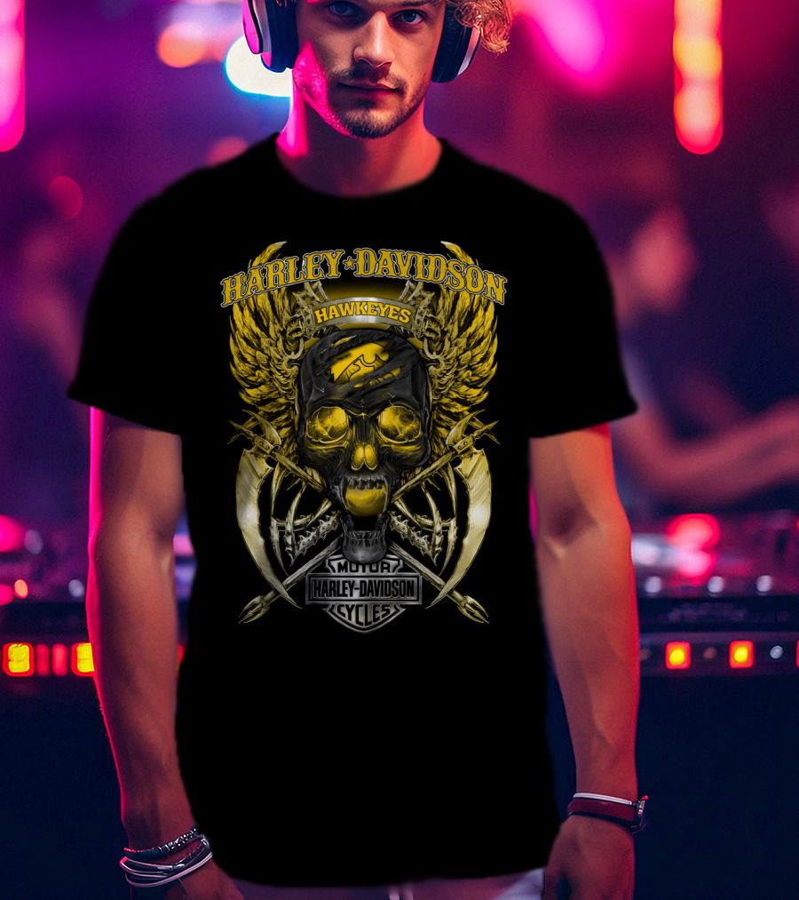 Harley Davidson Hawkeyes Motor Cycles Skull T-Shirt