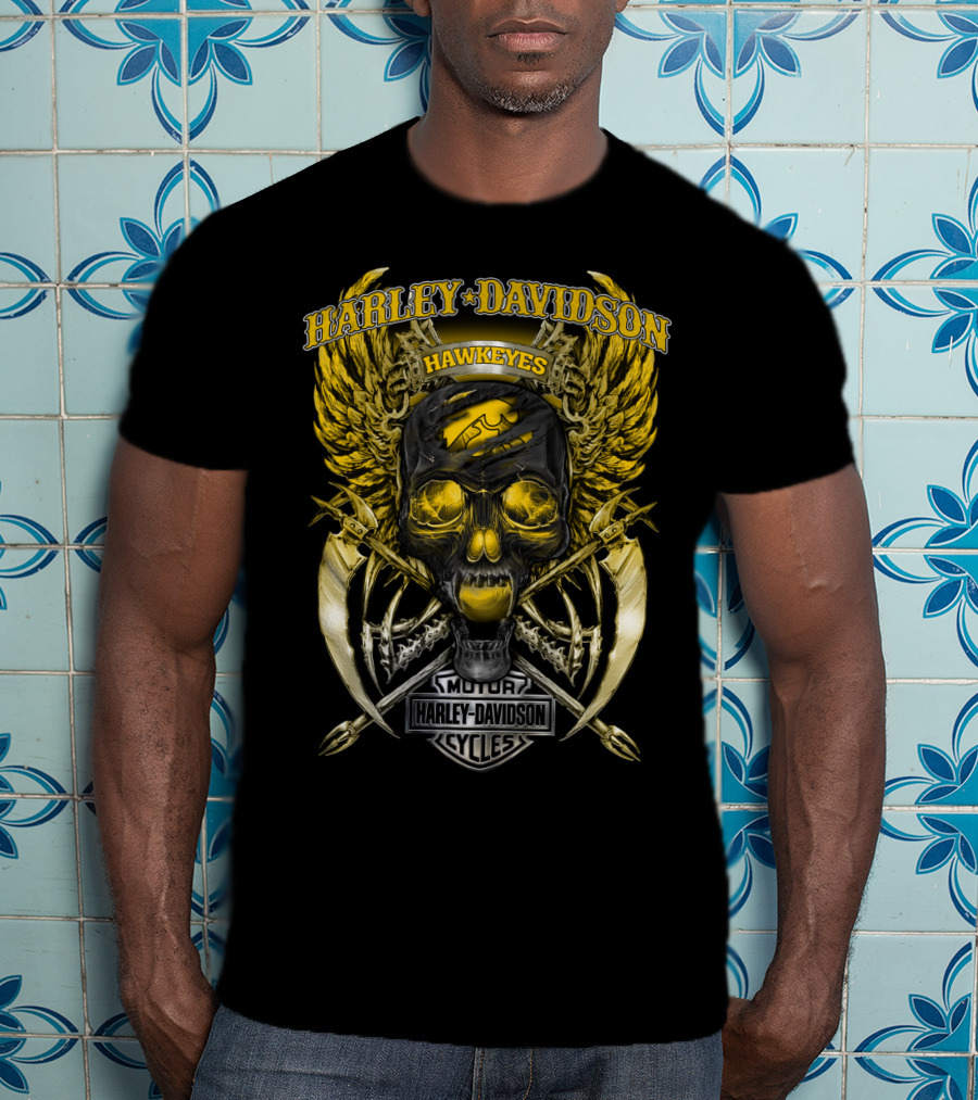 Harley Davidson Hawkeyes Motor Cycles Skull T-Shirt