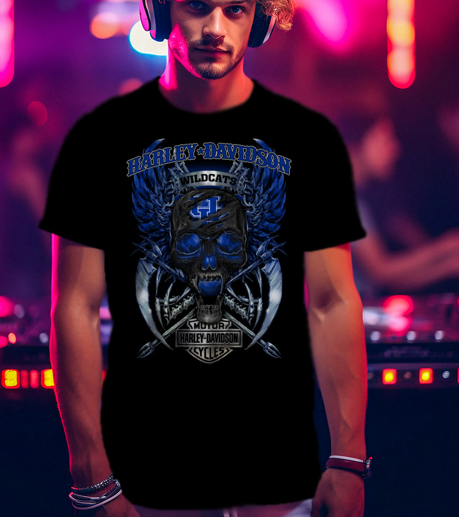 Harley Davidson Wildcats Kentucky Motor Cycles Skull Wings T-Shirt