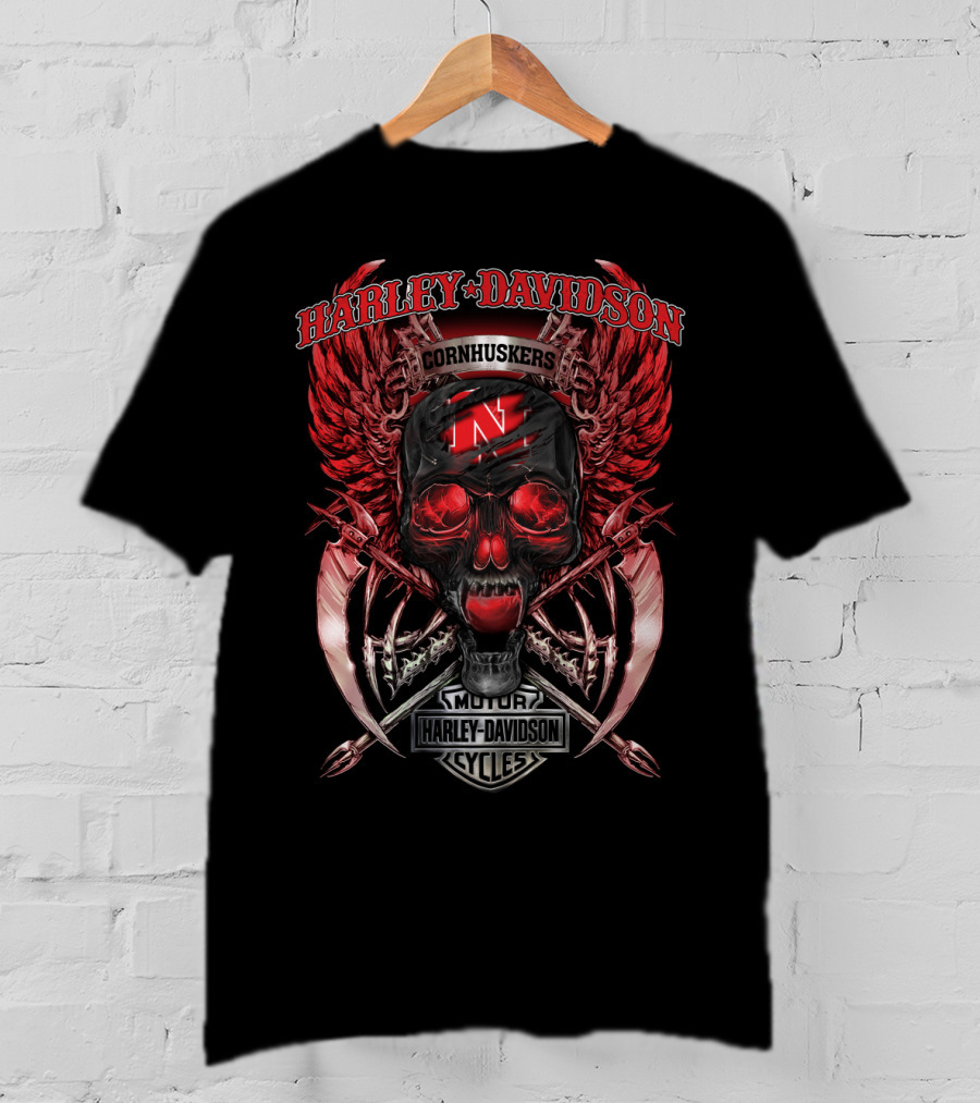 Harley Davidson Nebraska Cornhuskers N Skull Wings T-Shirt
