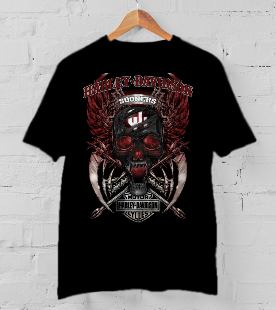 Harley Davidson Sooners Motor Cycles Skull Wings T-Shirt