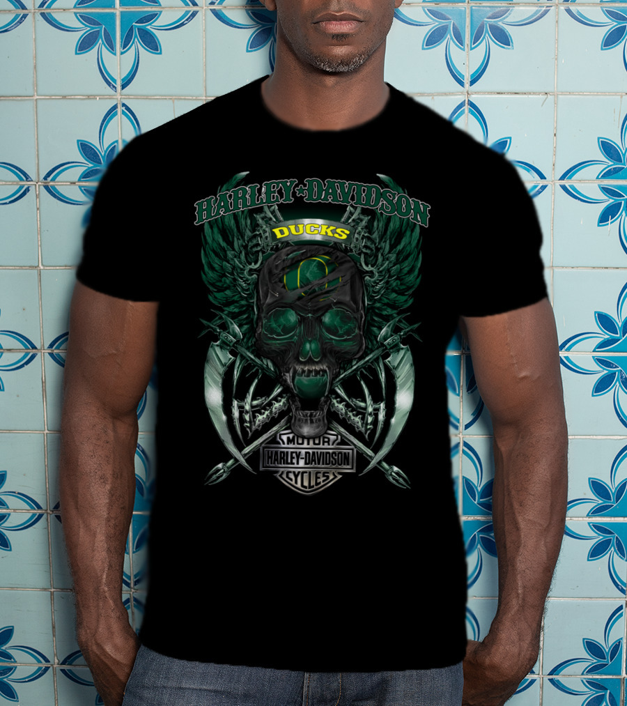 Harley Davidson Oregon Ducks Skull Wings Motor Cycles T-Shirt