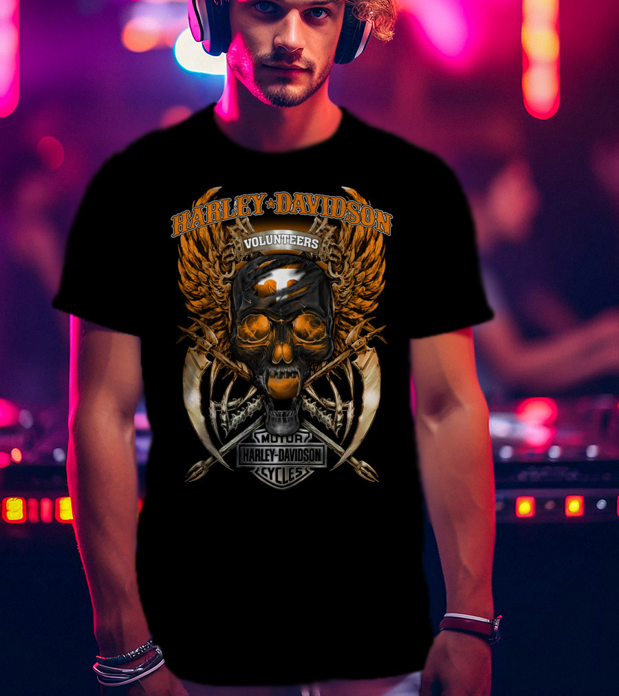 Harley Davidson Volunteers Tennessee Motor Cycles Skull Wings T-Shirt