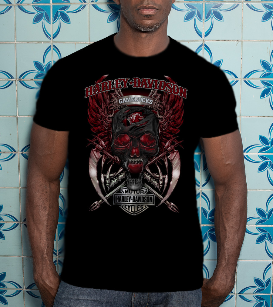 Harley Davidson Gamecocks Motor Cycles Skull South Carolina T-Shirt