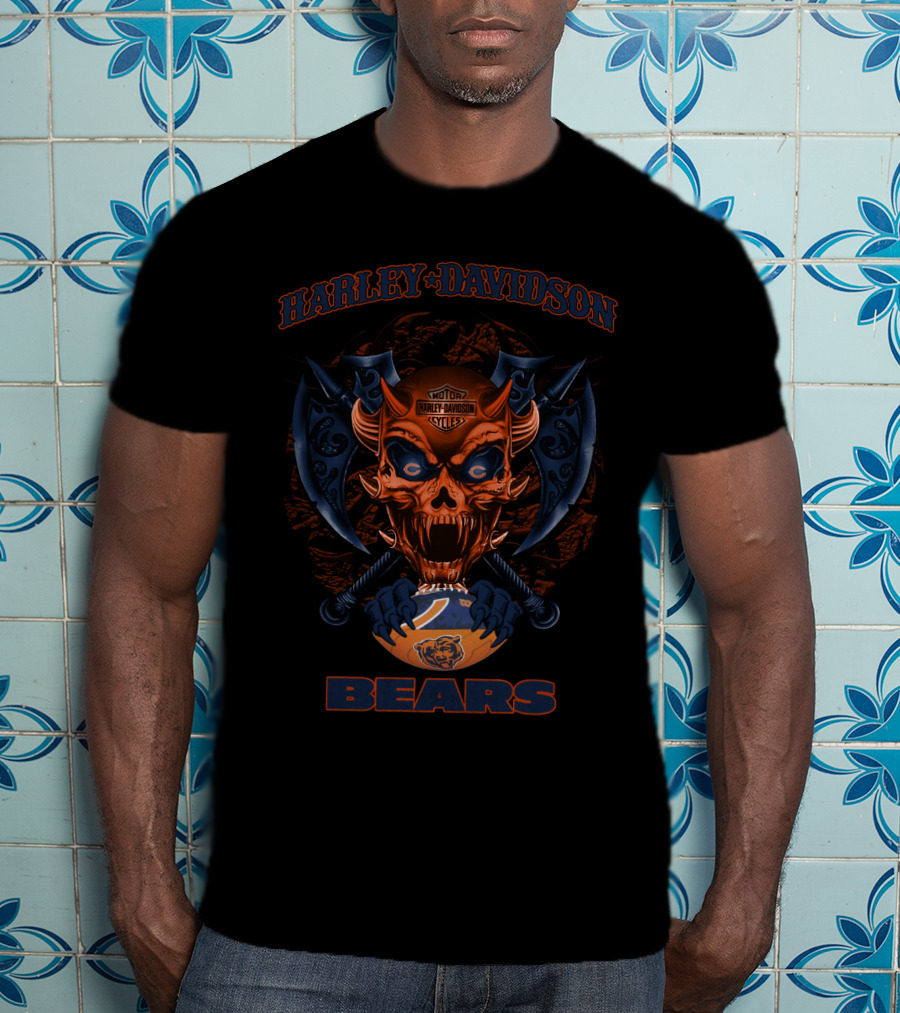 Harley Davidson Chicago Bears Scary Skull Motor Cycles T-Shirt