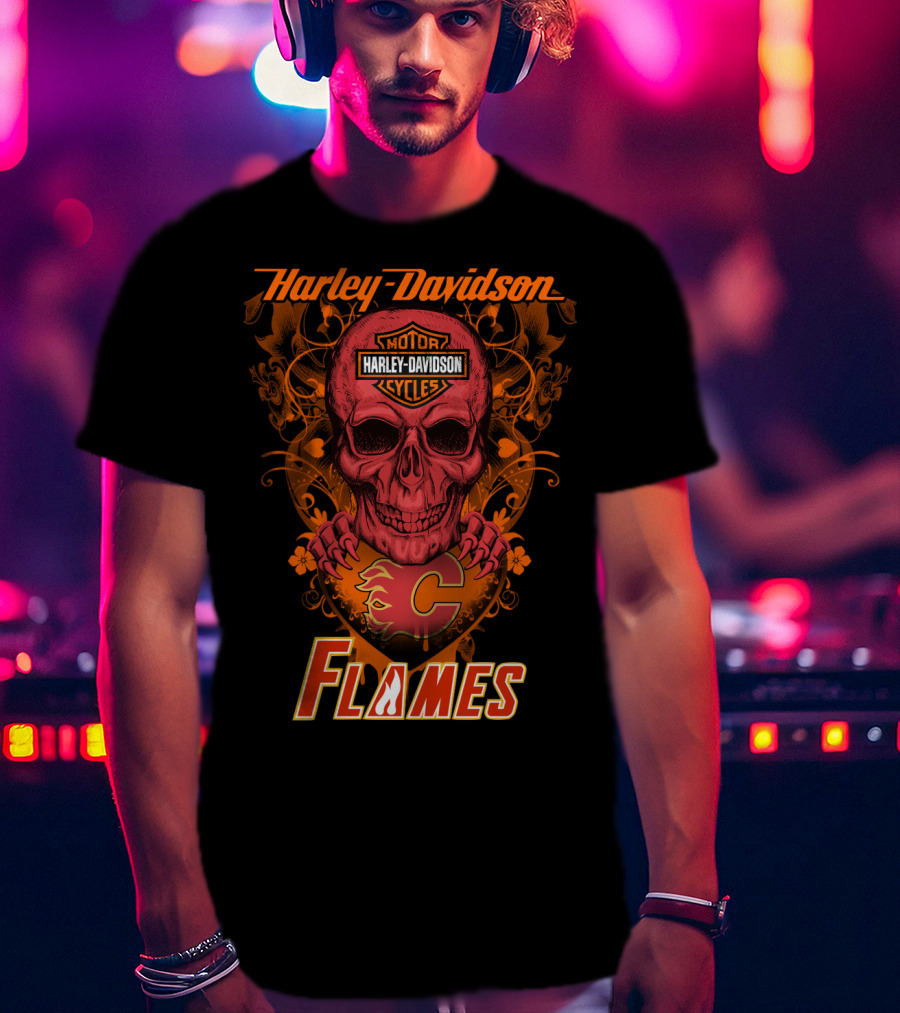 Harley Davidson Calgary Flames Nhl Skull Flames T-Shirt