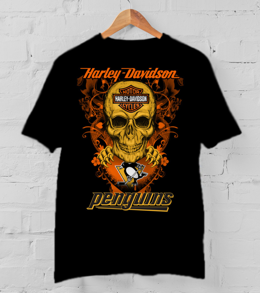 Harley Davidson Motor Cycles Skull Penguins Nhl Pittsburgh T-Shirt