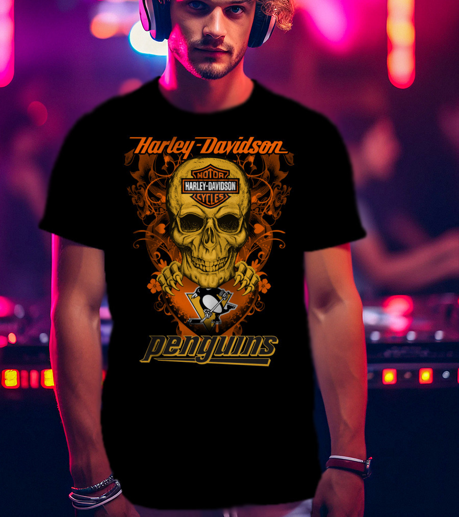 Harley Davidson Motor Cycles Skull Penguins Nhl Pittsburgh T-Shirt