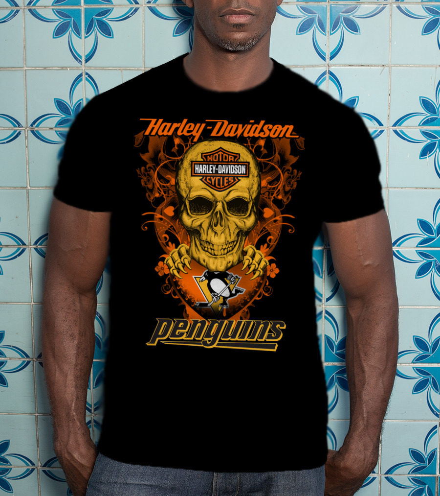 Harley Davidson Motor Cycles Skull Penguins Nhl Pittsburgh T-Shirt