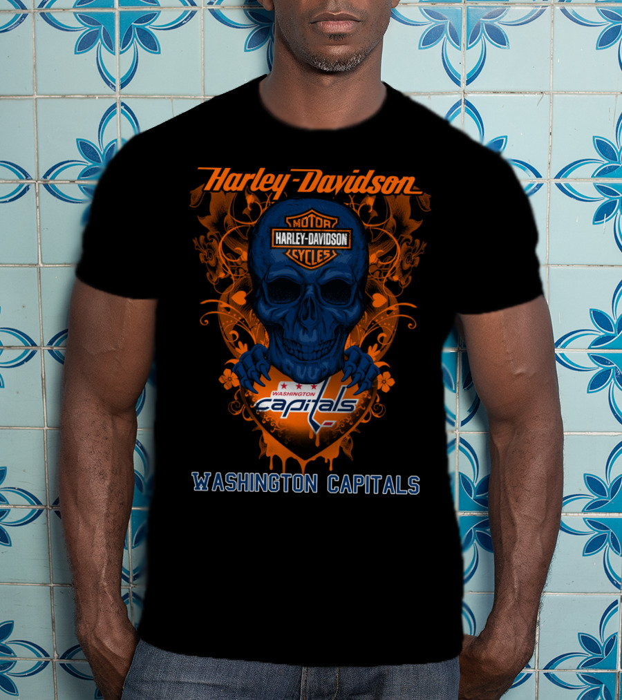 Harley Davidson Washington Capitals Motorcycles Blue Skull T-Shirt