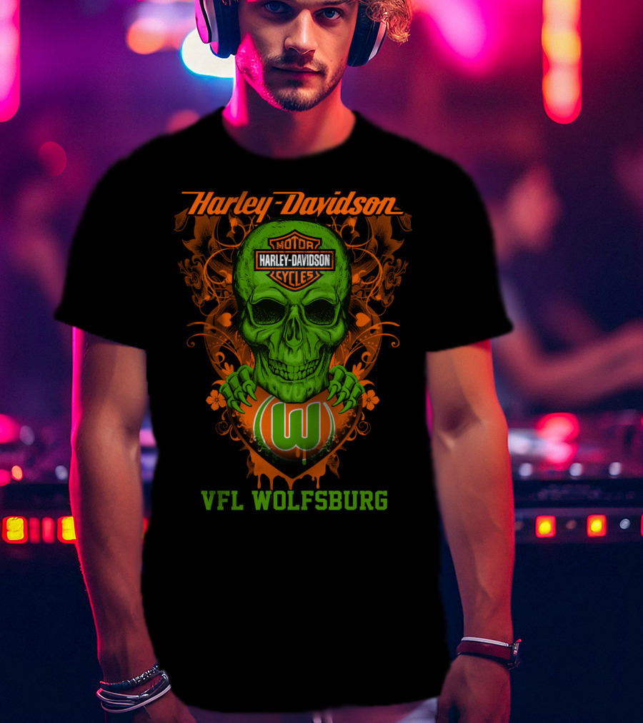 Harley Davidson Motorcycle Vfl Wolfsburg Green Skull T-Shirt