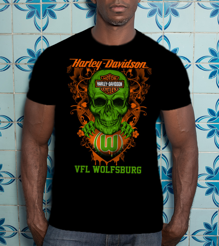 Harley Davidson Motorcycle Vfl Wolfsburg Green Skull T-Shirt