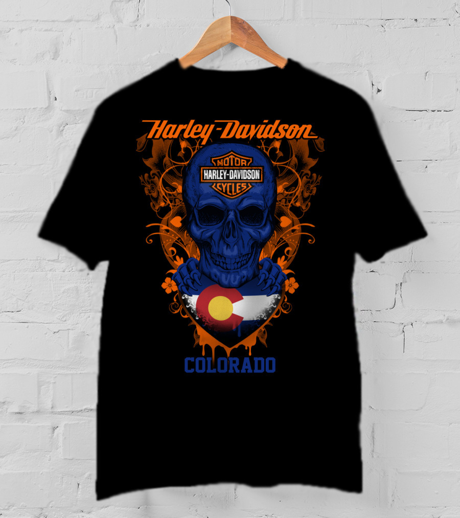 Harley Davidson Motorcycles Blue Skull Colorado Flag T-Shirt