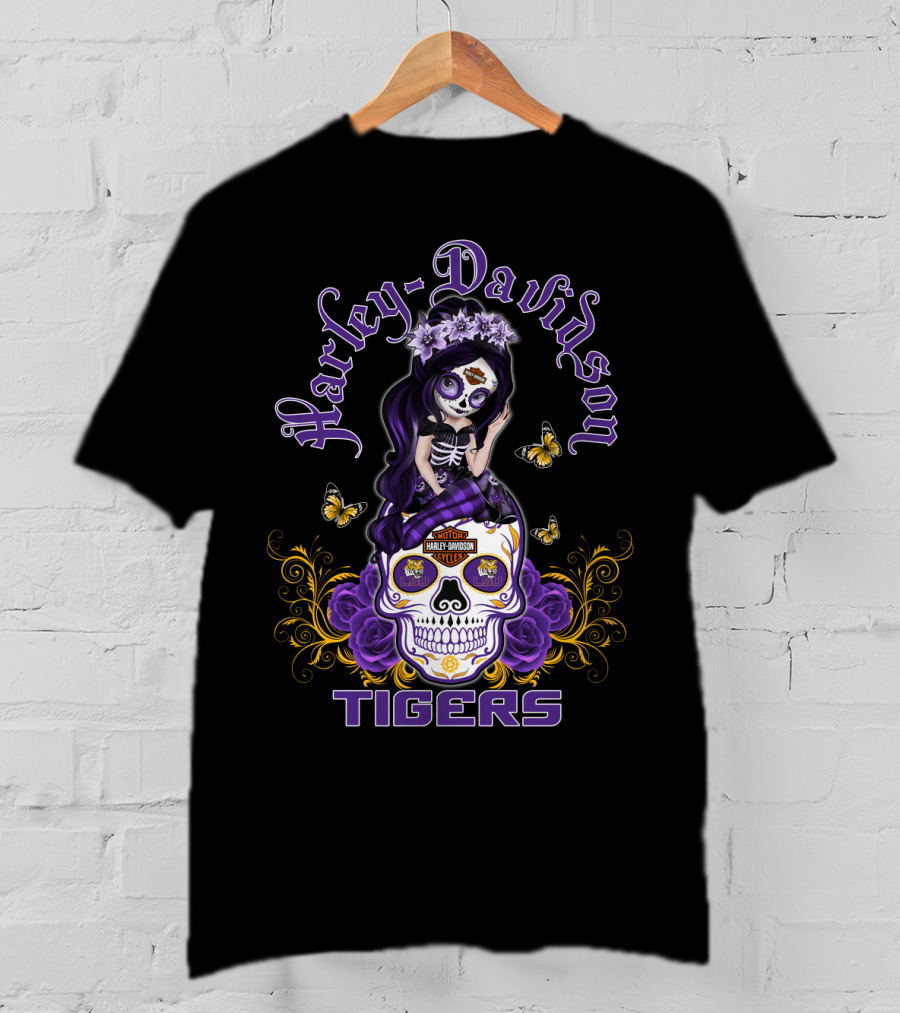 Harley Davidson Lsu Tigers Skull With Purple Flowers And Butterflies T-Shirt