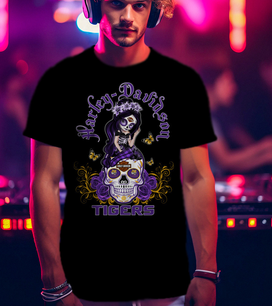 Harley Davidson Lsu Tigers Skull With Purple Flowers And Butterflies T-Shirt