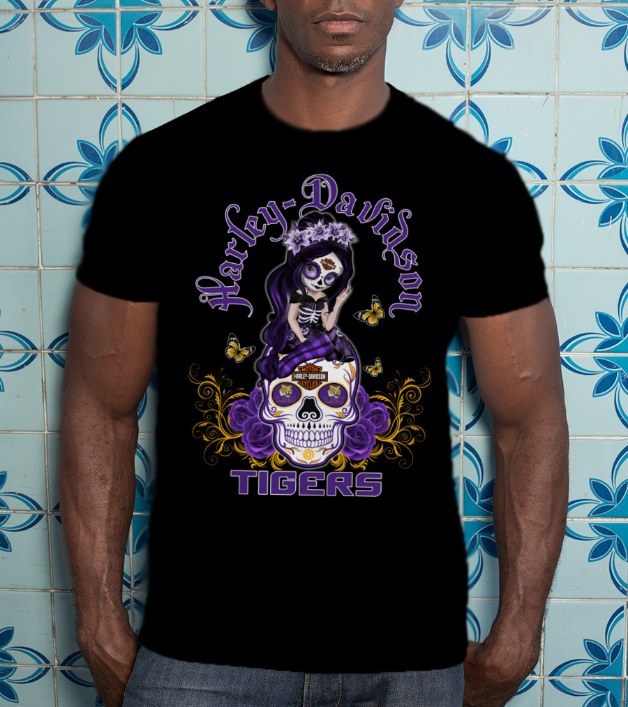 Harley Davidson Lsu Tigers Skull With Purple Flowers And Butterflies T-Shirt