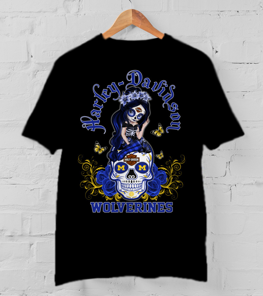 Harley Davidson Michigan Wolverines Skull Girl With Butterflies And Blue Roses T-Shirt