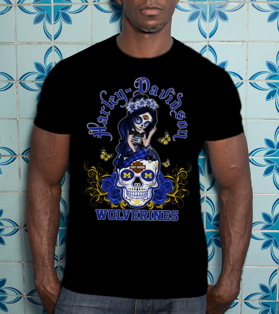 Harley Davidson Michigan Wolverines Skull Girl With Butterflies And Blue Roses T-Shirt