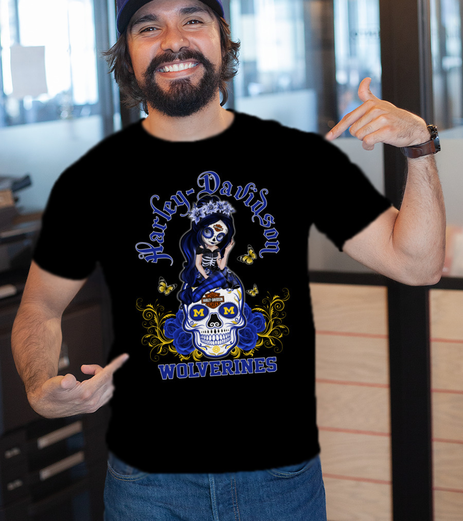 Harley Davidson Michigan Wolverines Skull Girl With Butterflies And Blue Roses T-Shirt