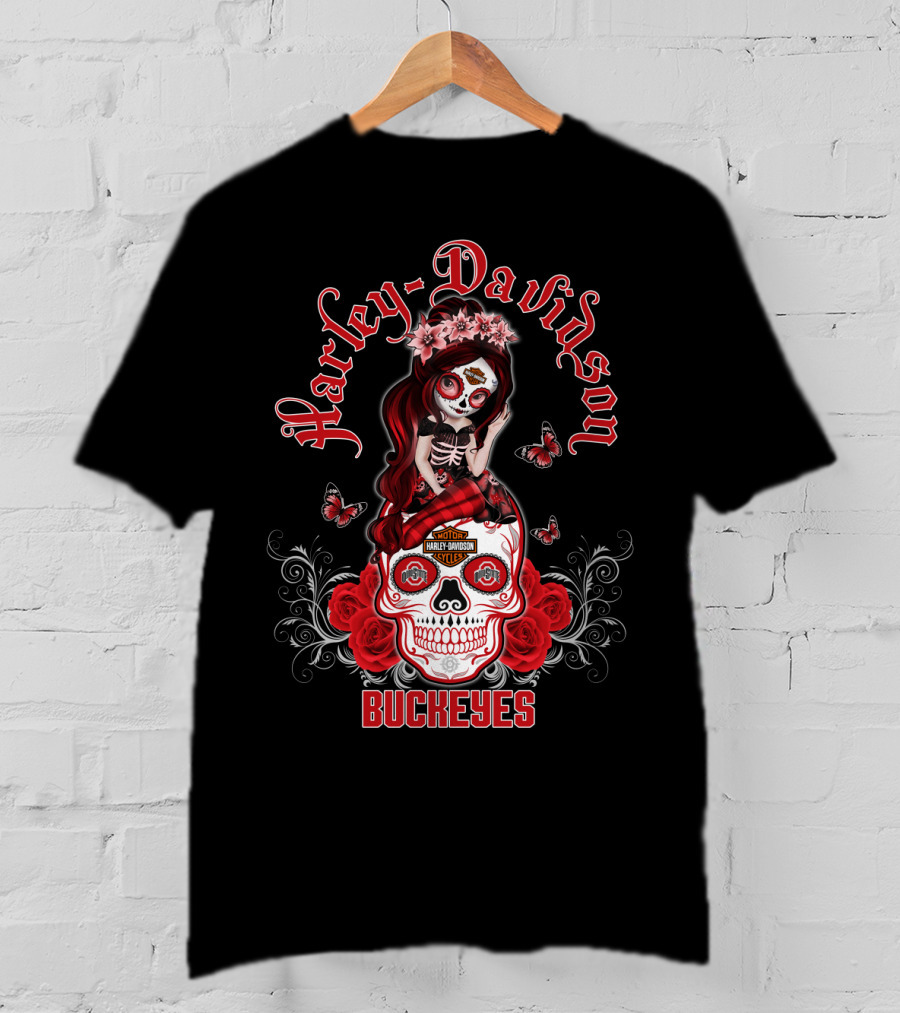 Harley Davidson Buckeyes Ohio State Skull Design Girl With Roses And Butterflies T-Shirt