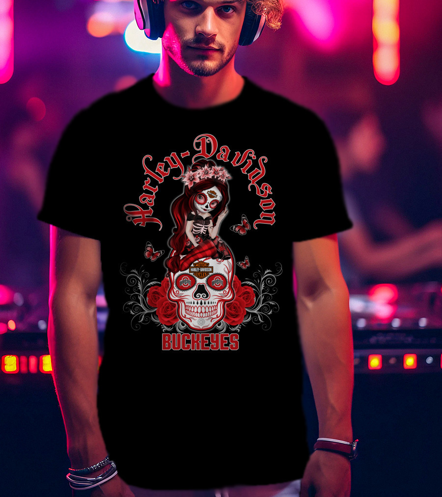 Harley Davidson Buckeyes Ohio State Skull Design Girl With Roses And Butterflies T-Shirt