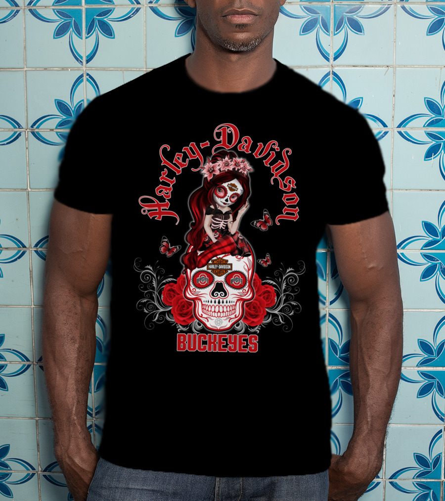 Harley Davidson Buckeyes Ohio State Skull Design Girl With Roses And Butterflies T-Shirt