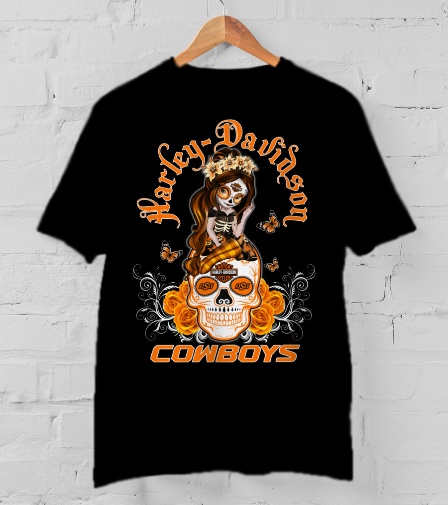 Harley Davidson Osu Cowboys Sugar Skull Roses Butterfly T-Shirt