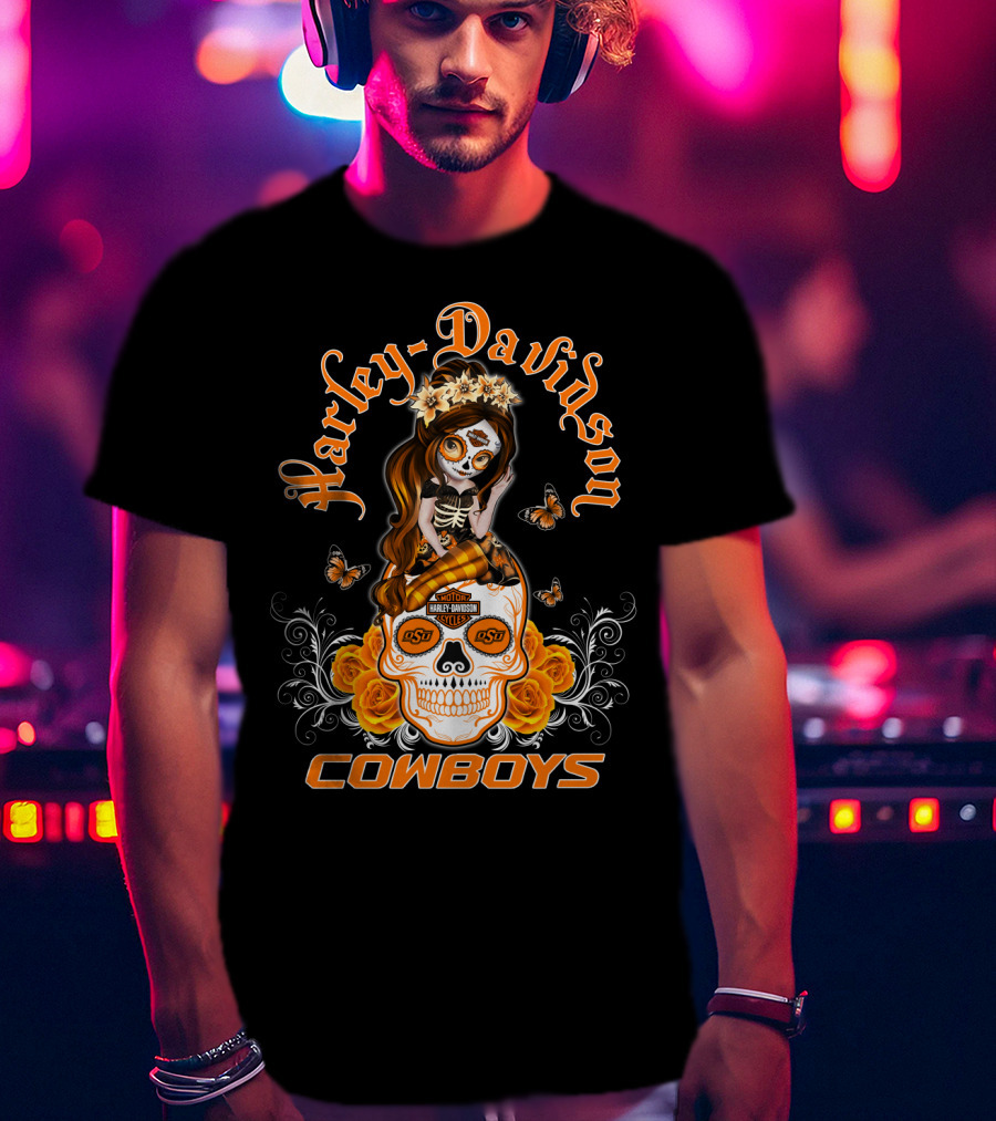 Harley Davidson Osu Cowboys Sugar Skull Roses Butterfly T-Shirt