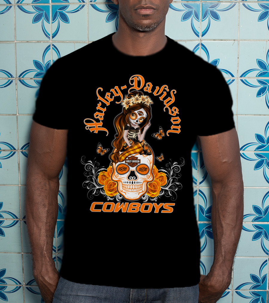Harley Davidson Osu Cowboys Sugar Skull Roses Butterfly T-Shirt