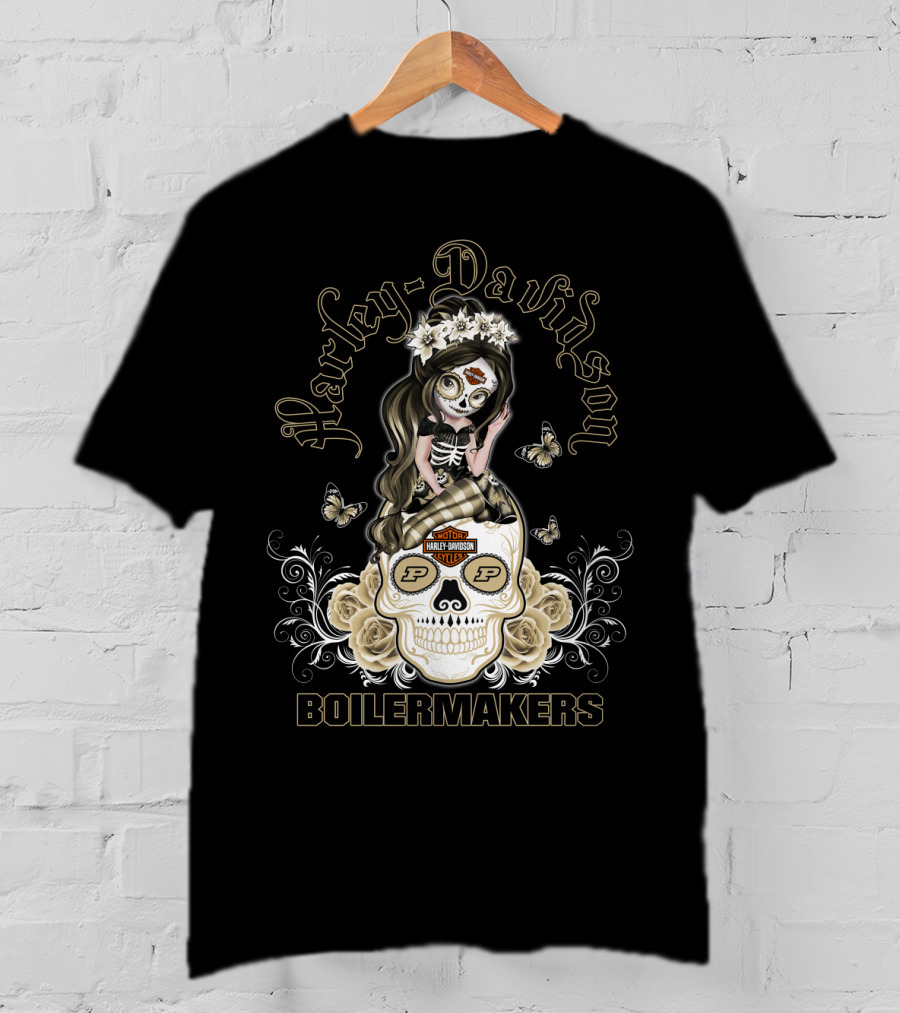 Harley Davidson Motor Cycles Boilermakers Purdue P Skull Roses Butterflies T-Shirt