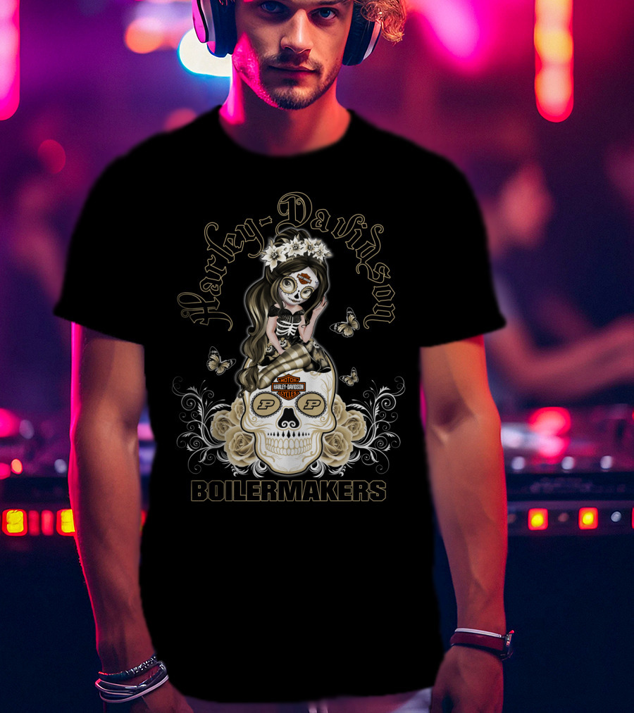 Harley Davidson Motor Cycles Boilermakers Purdue P Skull Roses Butterflies T-Shirt