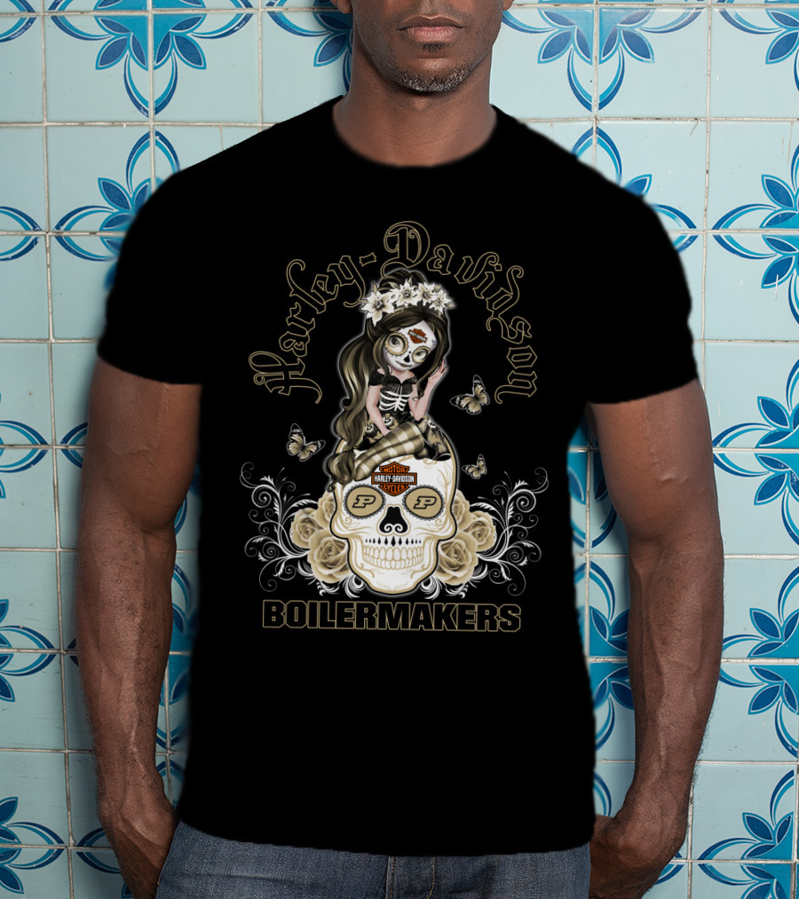 Harley Davidson Motor Cycles Boilermakers Purdue P Skull Roses Butterflies T-Shirt