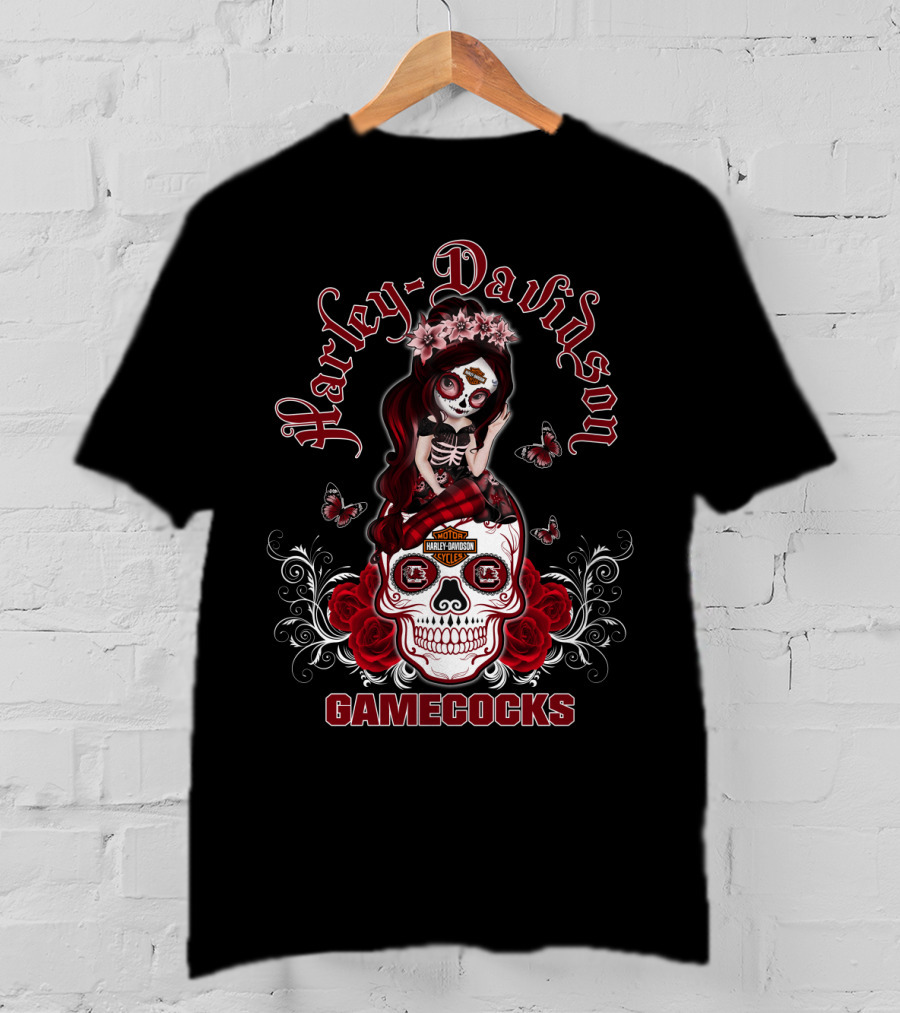 Harley Davidson Gamecocks Skull With Roses And Butterflies T-Shirt
