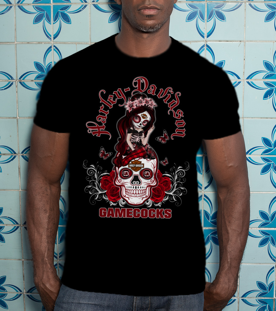 Harley Davidson Gamecocks Skull With Roses And Butterflies T-Shirt