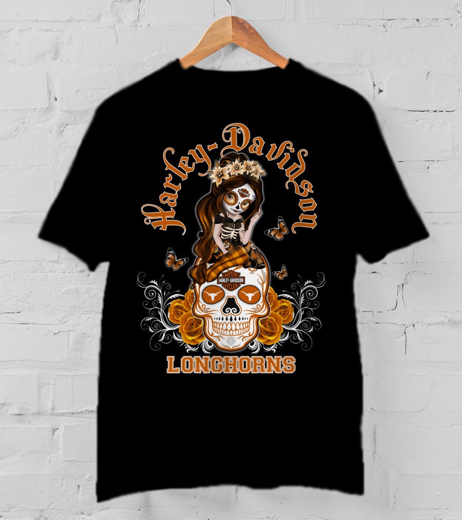 Harley Davidson Longhorns Texas Girl Skull Floral Motif T-Shirt