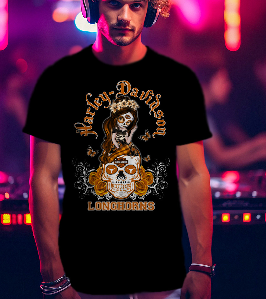 Harley Davidson Longhorns Texas Girl Skull Floral Motif T-Shirt
